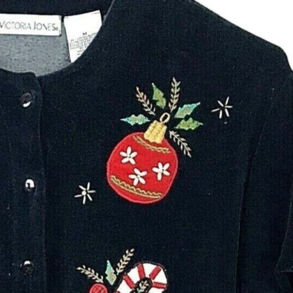Victoria Jones Christmas Cardigan Sweater Black Velour Applique Holiday Medium - Picture 4 of 10